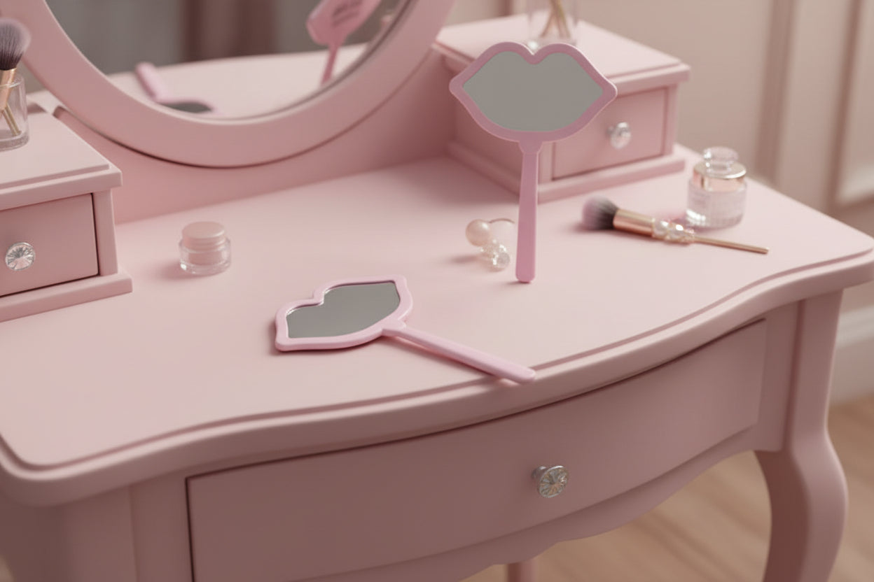 A stylish hand mirror with a pink handle and lip-shaped design, perfect for beauty routines.